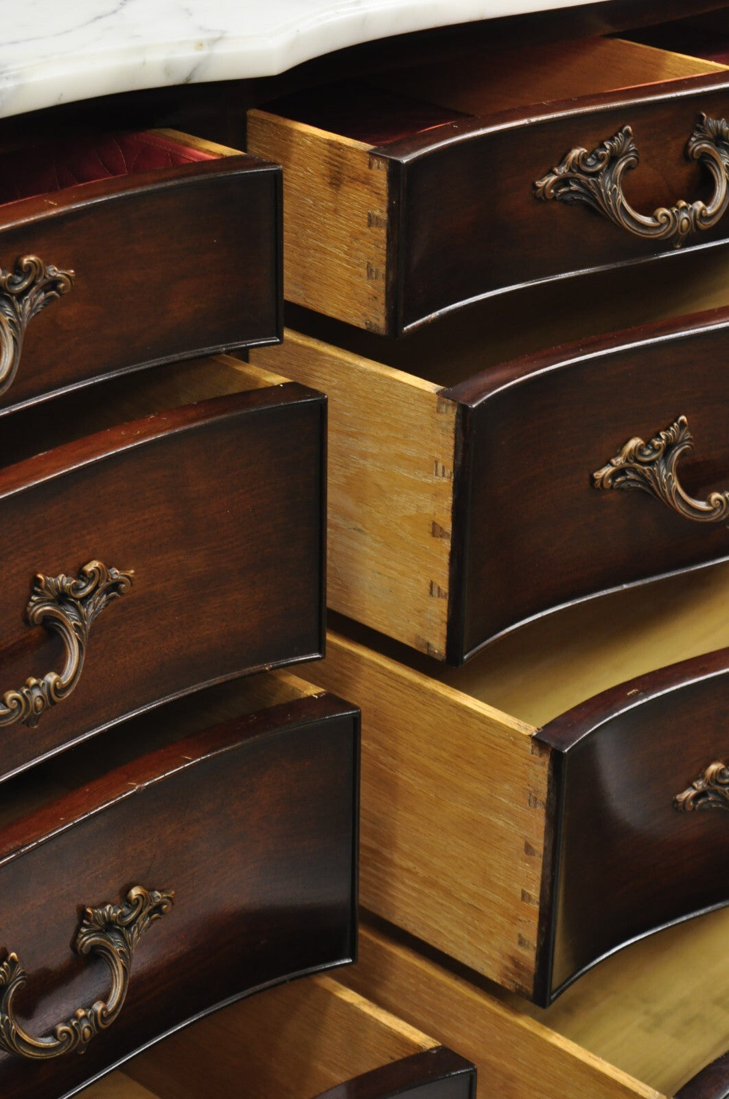 Vintage J. Zonan French Regency Mahogany Marble Top 12 Drawer Triple Dresser