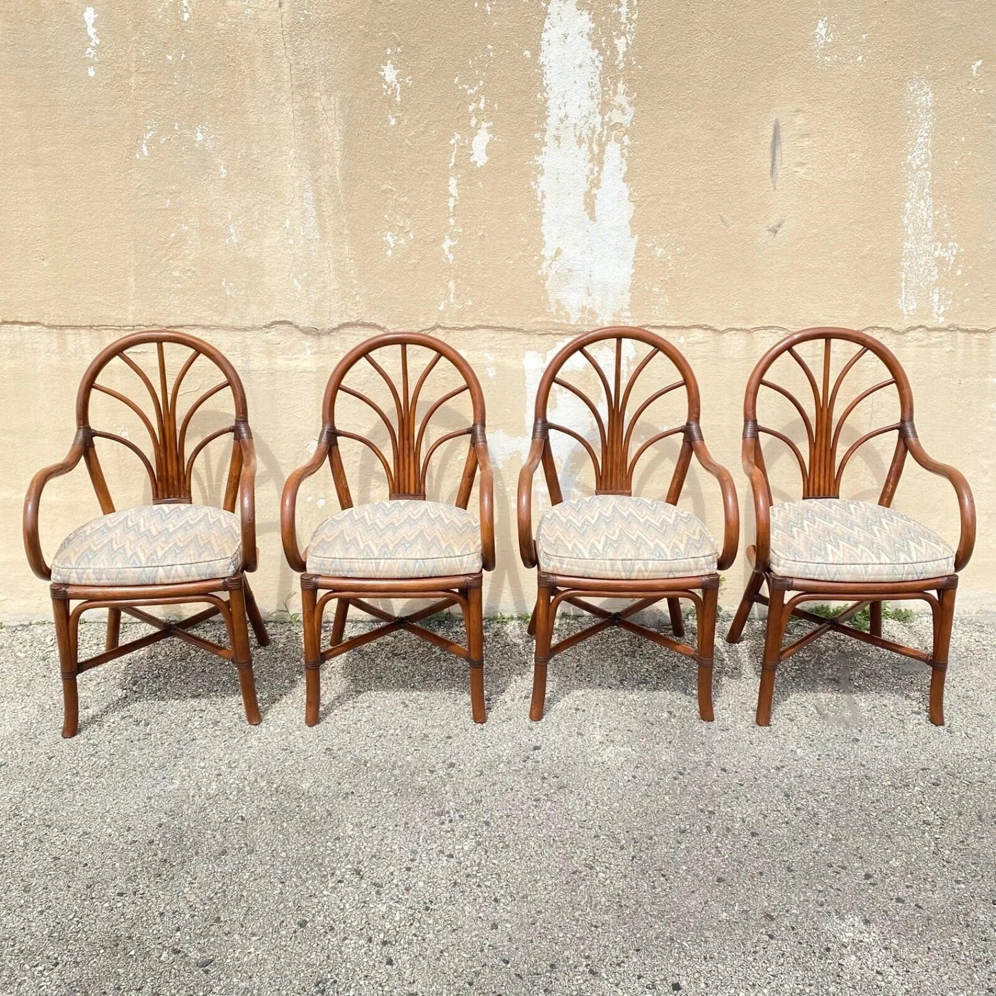 Vintage Hollywood Regency Bentwood Rattan Fan Back Dining Chairs - Set of 4