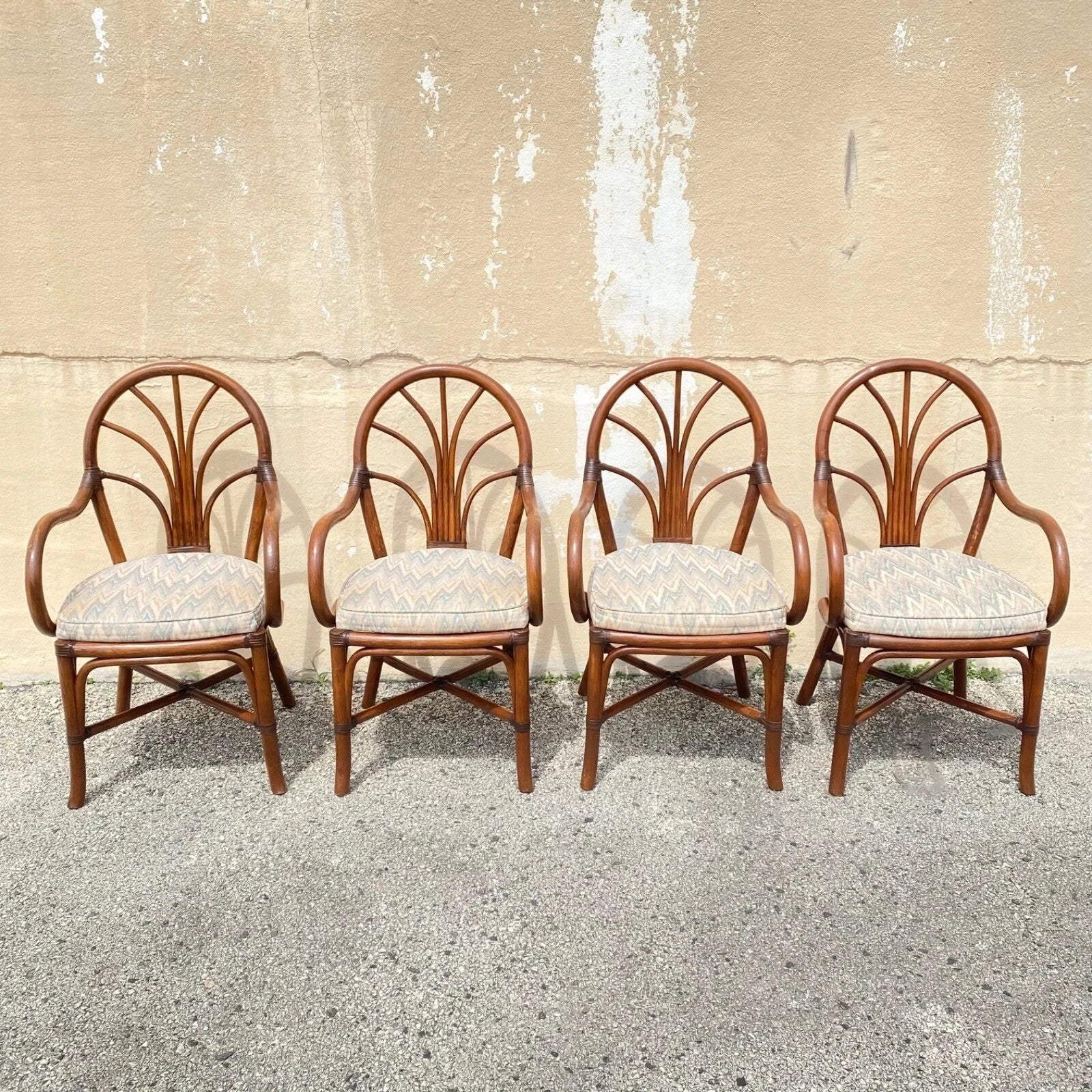 Vintage Hollywood Regency Bentwood Rattan Fan Back Dining Chairs - Set of 4