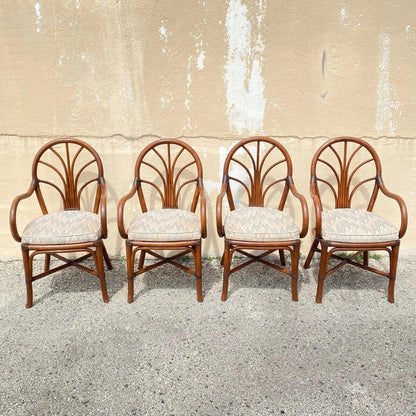 Vintage Hollywood Regency Bentwood Rattan Fan Back Dining Chairs - Set of 4