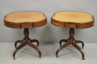 Vintage English Regency Leather Top Mahogany Drum End Table w/ 4 Drawers - Pair