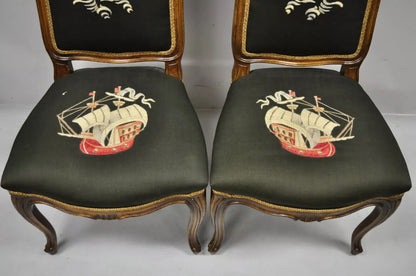 French Provincial Louis XV Walnut Side Chairs w/ Ship Boat Crewel Work - a Pair