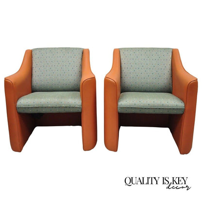 Modern Orange Upholstered Green Polka Dot Club Lounge Chairs - a Pair