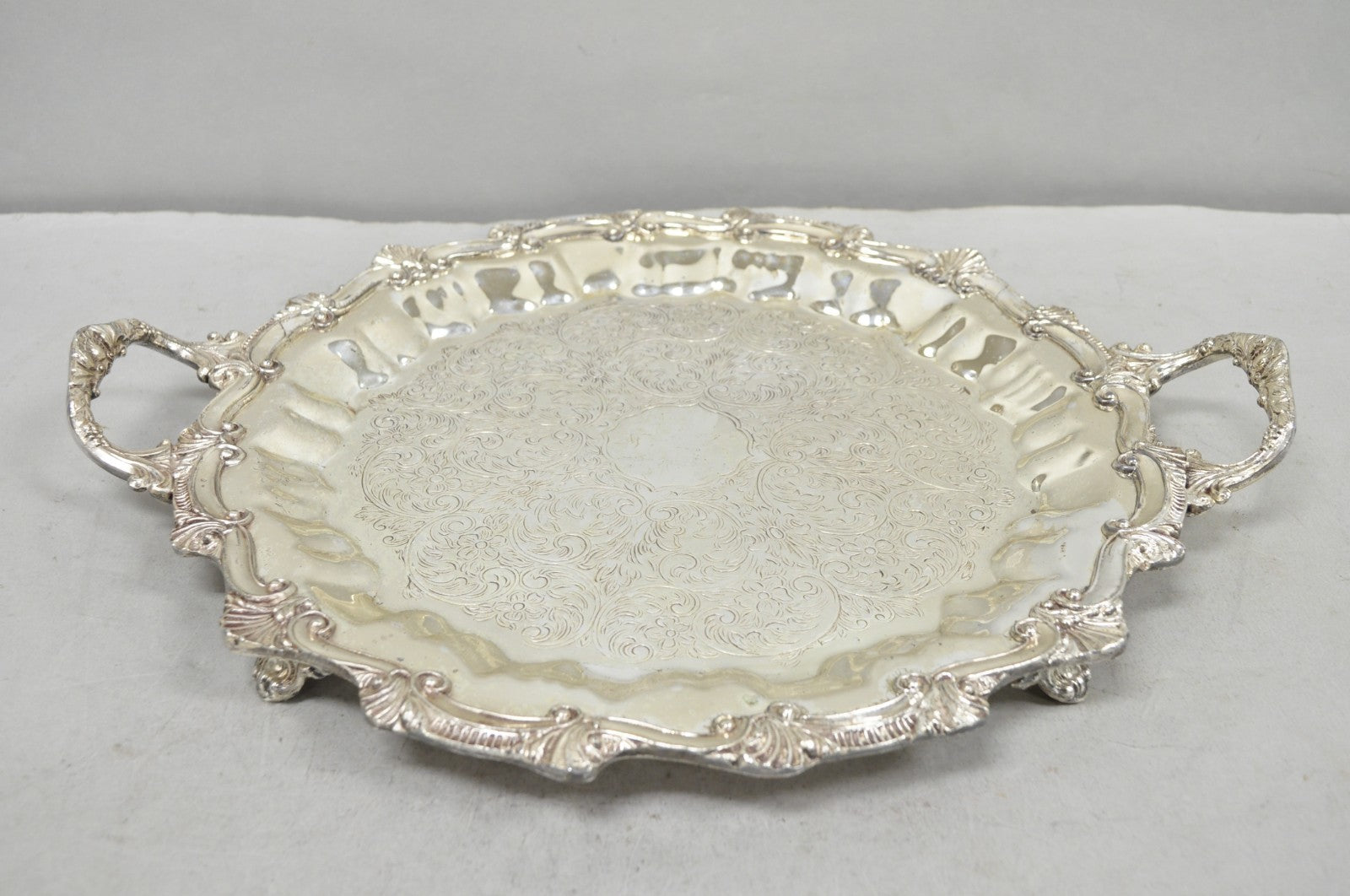 Vintage Victorian Silver Plated Round Scalloped Twin Handle Bar Serving Tray