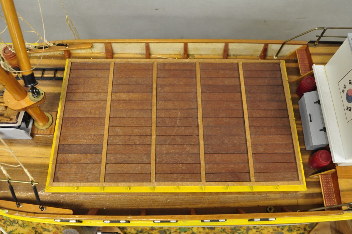 Large 48" Vintage Wooden Fishing Vessel Model Ship Yellow Hull South Korean Flag