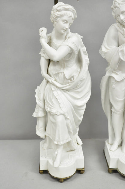 Victorian White Parian Porcelain Figural Bisque Man and Woman Table Lamps, Pair