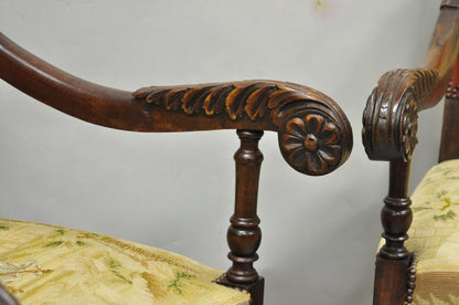 Antique French Louis XIV Style Needlepoint Tapestry Carved Walnut Arm Chair Pair