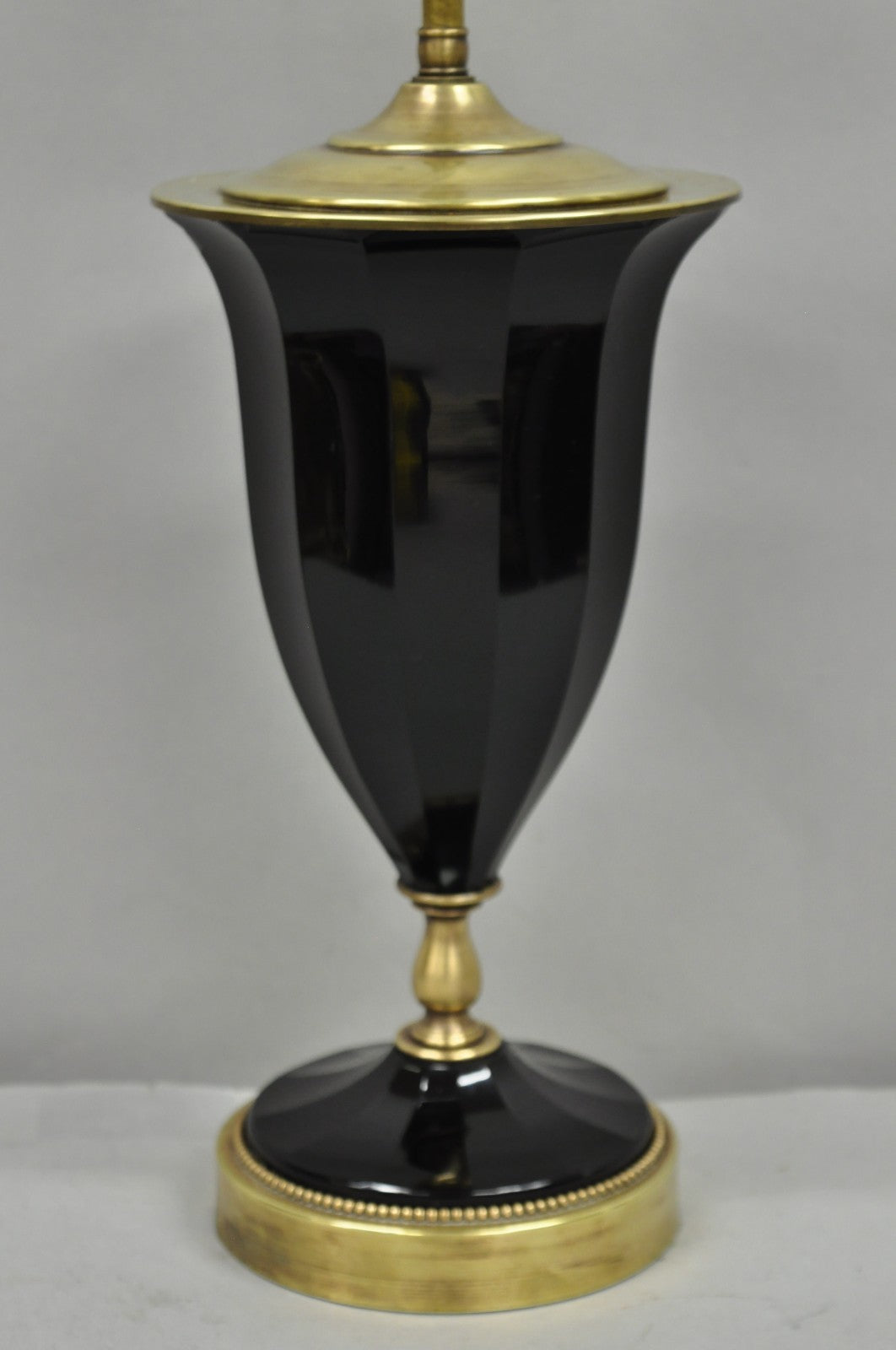 Antique French Neoclassical Black Faceted Oplalene Glass Urn Brass Table Lamp
