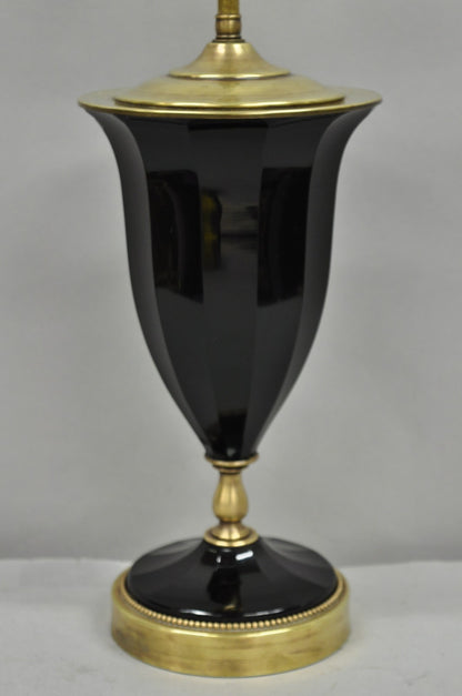 Antique French Neoclassical Black Faceted Oplalene Glass Urn Brass Table Lamp