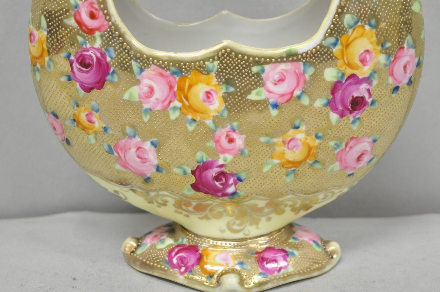 Antique Japanese Nippon Hand Painted Porcelain Gold Gilt Handle Moon Basket Vase