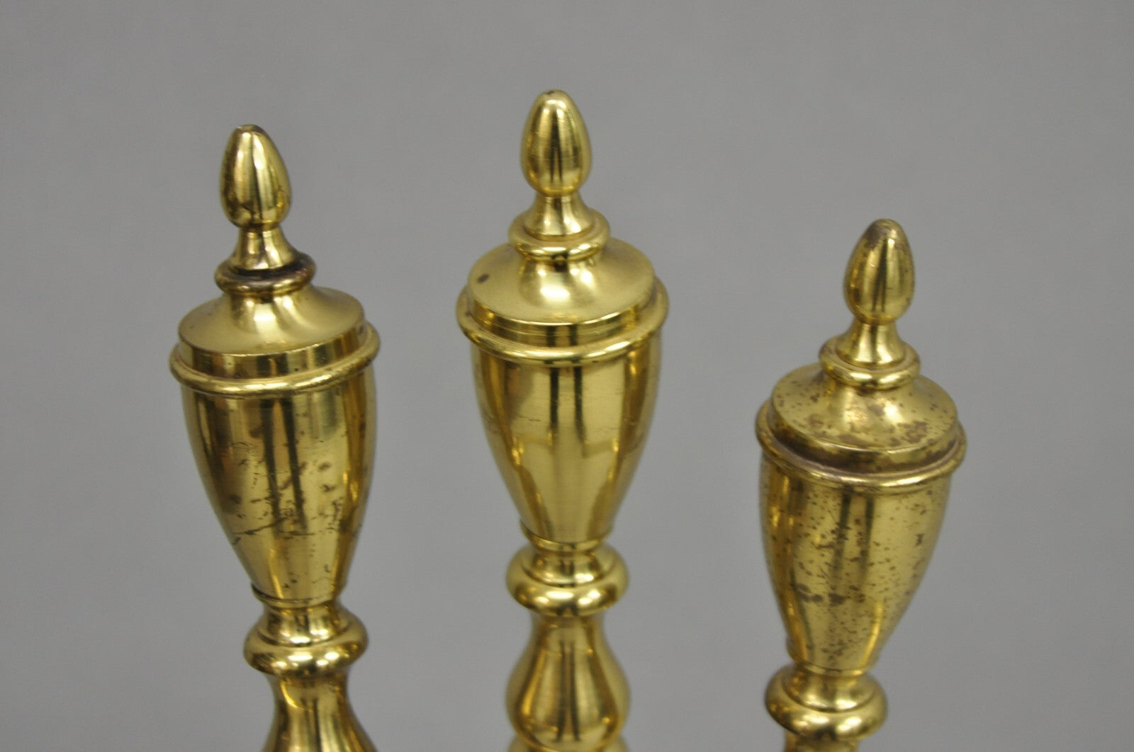 Vintage Federal Style Brass Urn Finial Cast Iron Fireplace Tool Set - 4 Pc Set