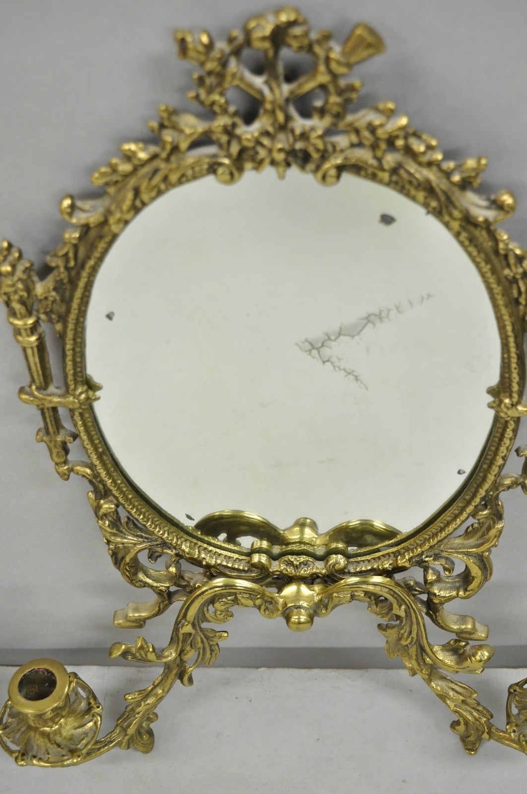 Antique French Rococo Louis XV Brass Oval Mirror Candelabra Wall Sconces - Pair