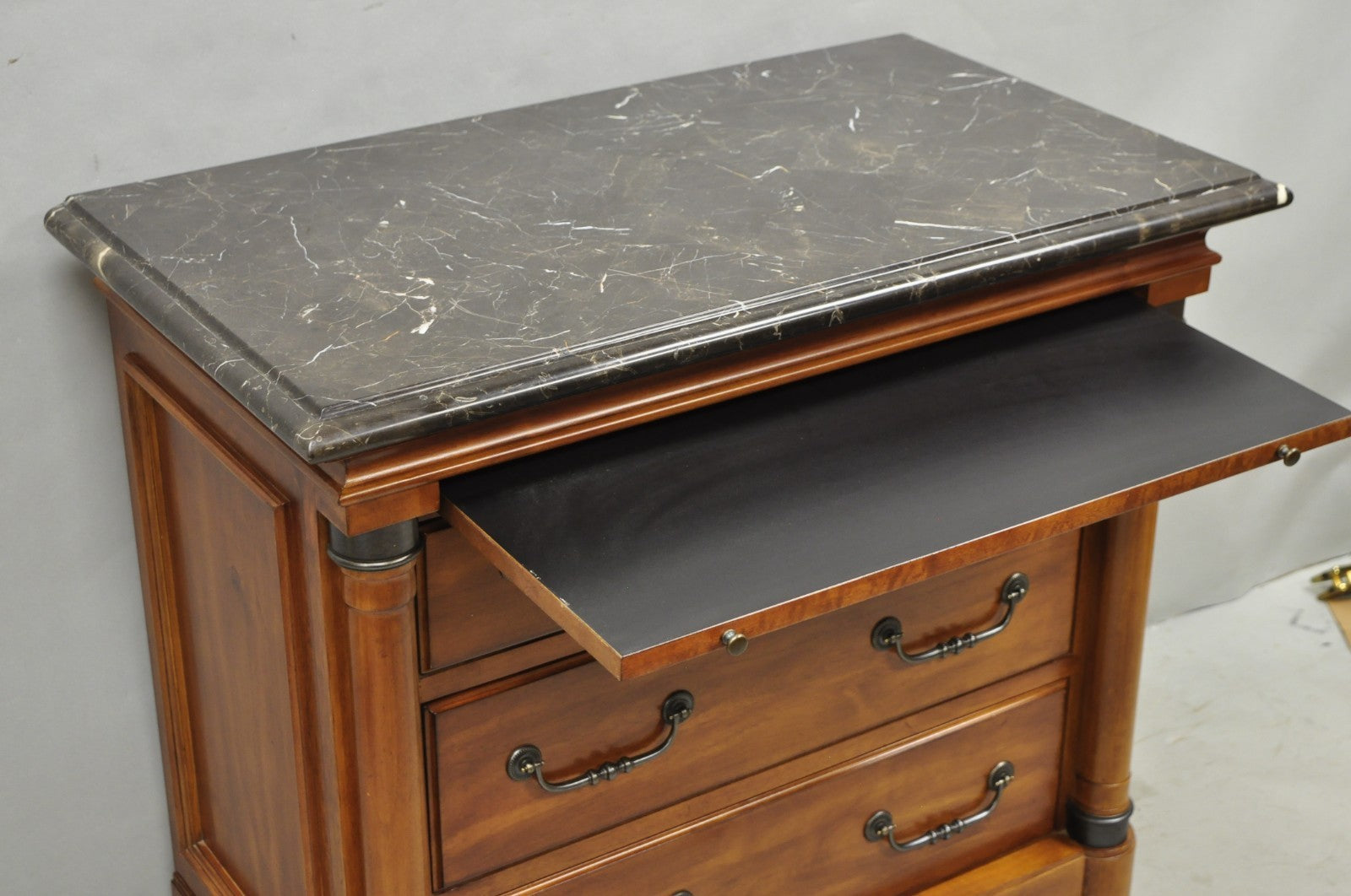 Kincaid French Country Cherry Wood 3 Drawer Marble Top Nightstand Bedside Table