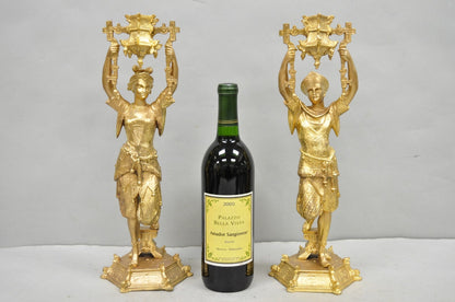 Antique Orientalist Gold Gilt Bronze Figural Male and Female Candlesticks - Pair