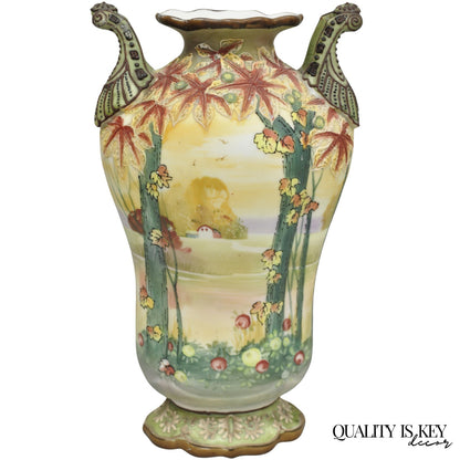 Antique Nippon Hand Painted Porcelain Moriage Twin Handle Countryside Scene Vase