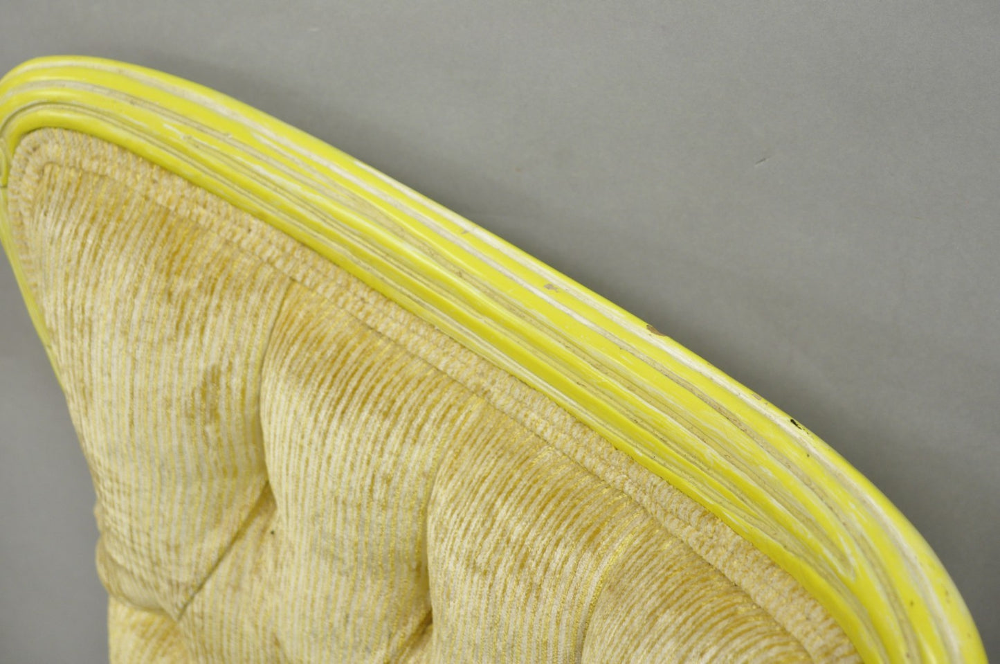Vintage French Hollywood Regency Yellow Tufted Drape Carved Side Chairs - a Pair