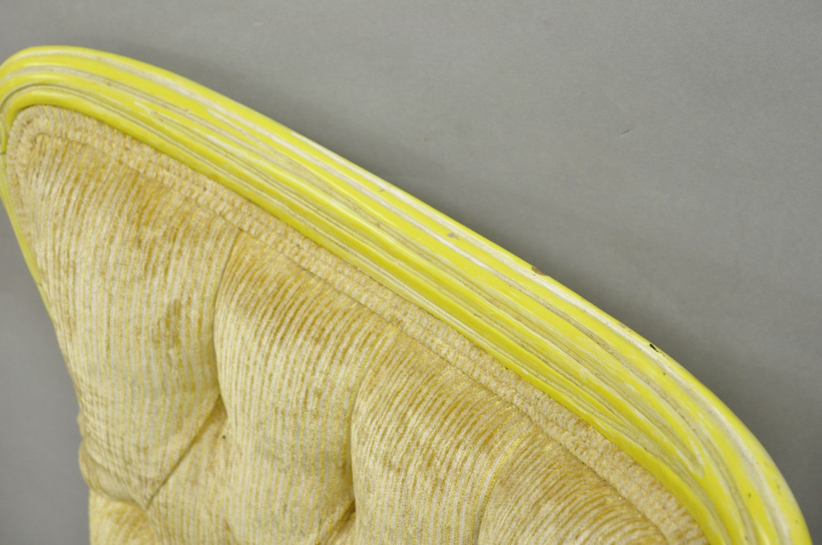 Vintage French Hollywood Regency Yellow Tufted Drape Carved Side Chairs - a Pair