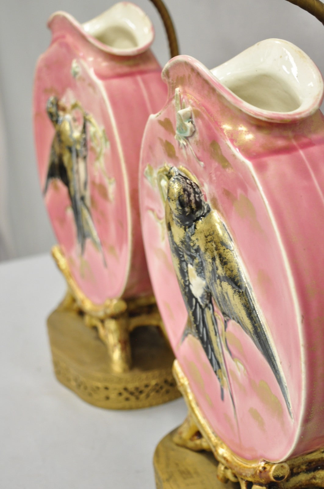 Antique Chinoiserie Pink Porcelain Round Vase Table Lamps w/ Birds - a Pair