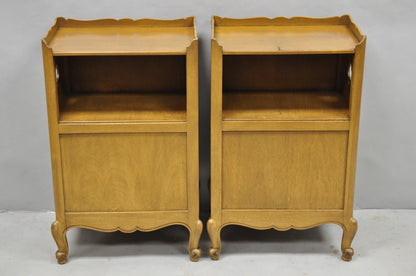 Vintage French Country Provincial Walnut Nightstand Bedside Table w/ Cubby, Pair