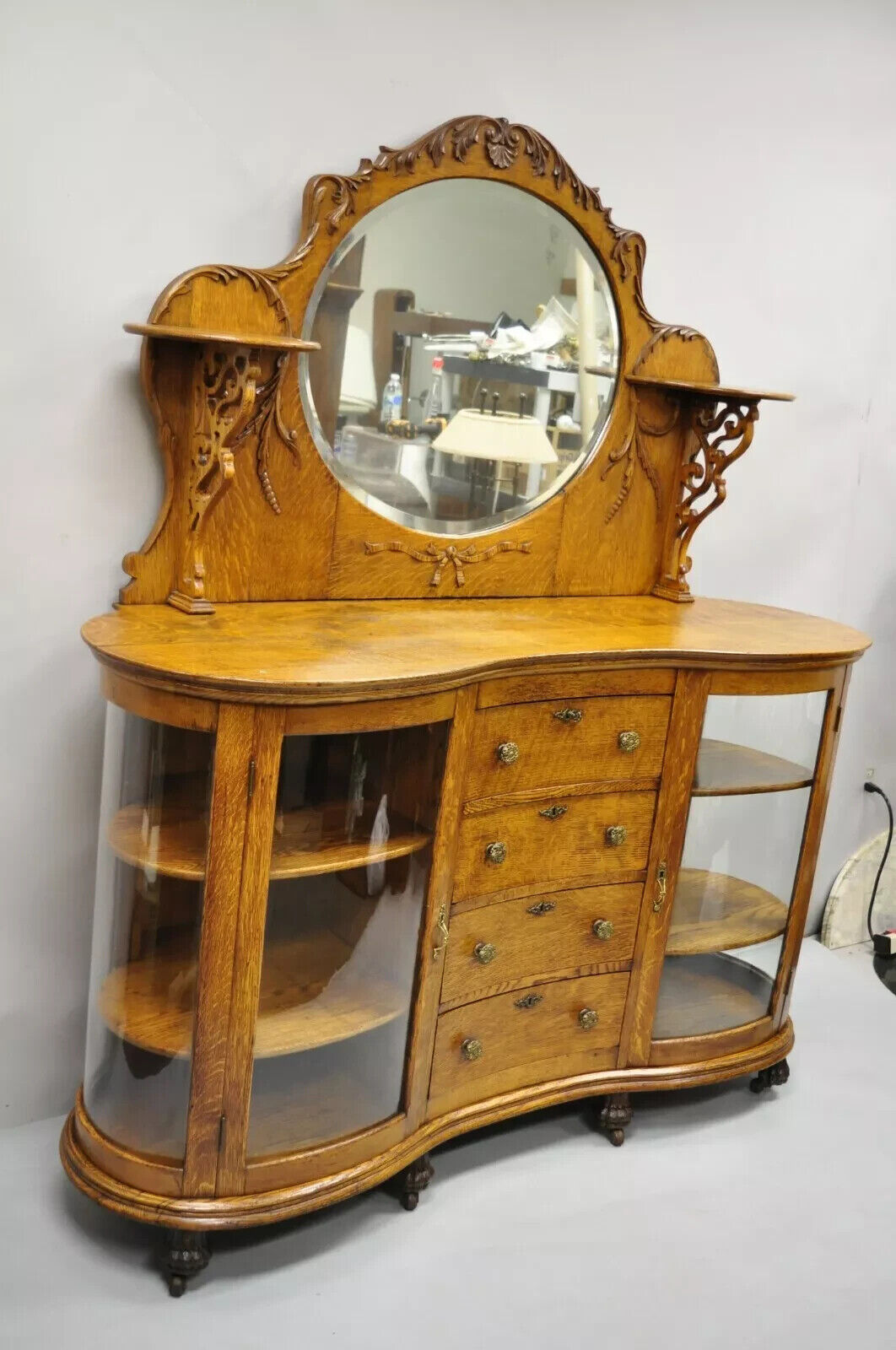 Antique Victorian Tiger Oak Carved Paw Foot Curio Cabinet Base Sideboard Buffet