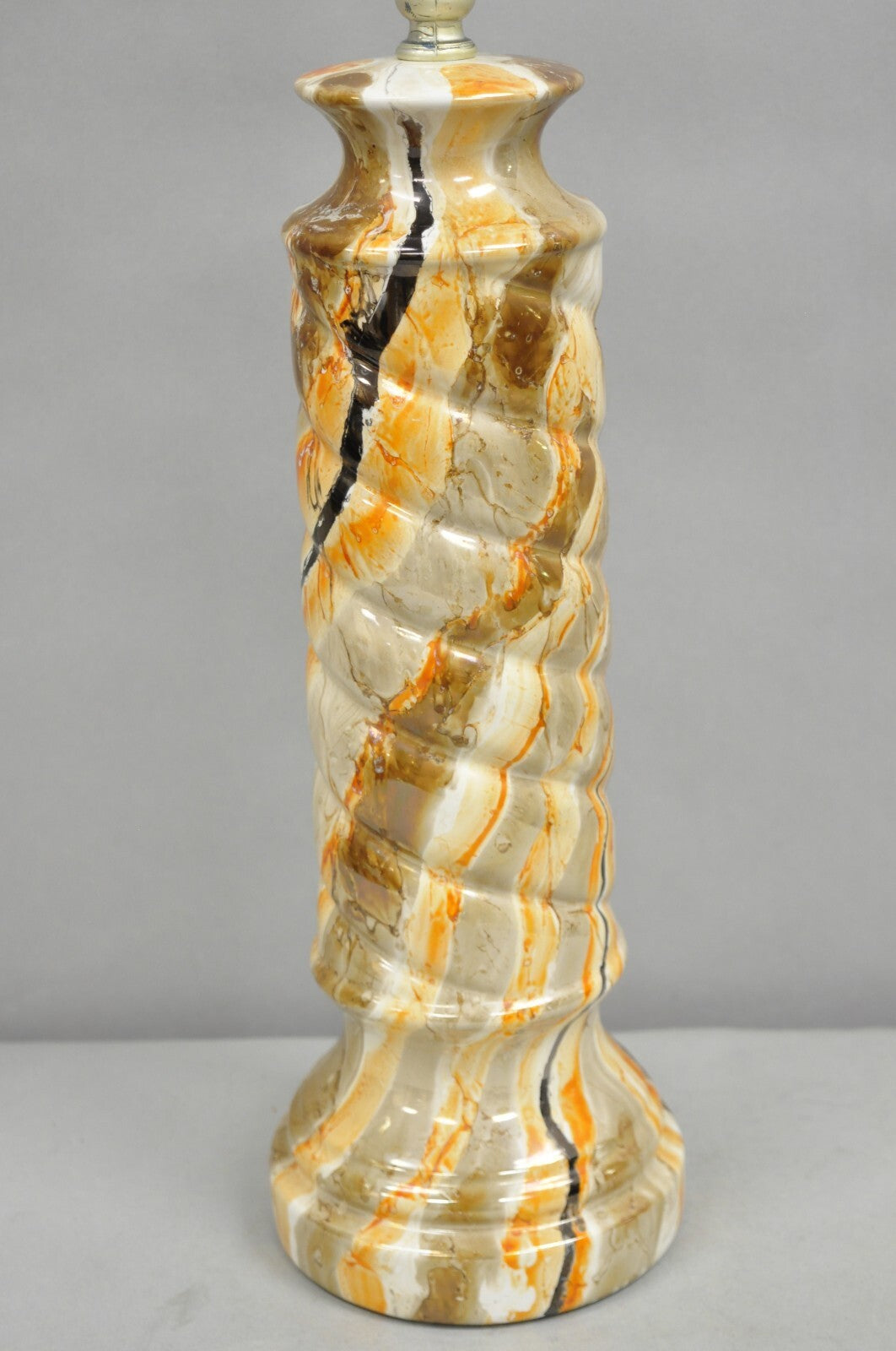 Vintage Mid Century Modern Glazed Pottery Orange Faux Marble Column Table Lamp