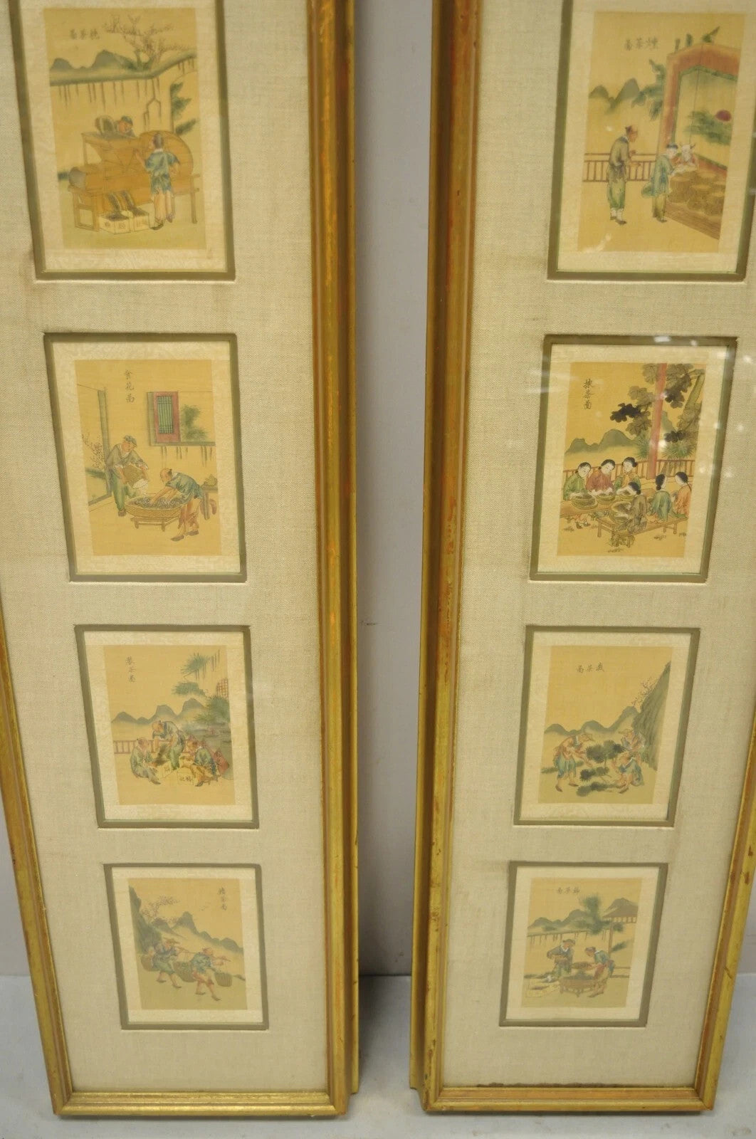 Vintage Asian Oriental Framed Art Prints with Narrow Gold Frames - a Pair