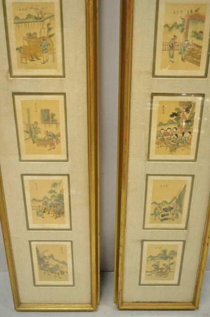 Vintage Asian Oriental Framed Art Prints with Narrow Gold Frames - a Pair