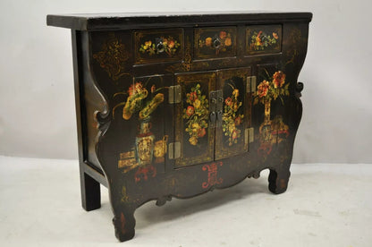 Korean Black Hand Painted Altar Style Sideboard Cabinet Console Table Credenza