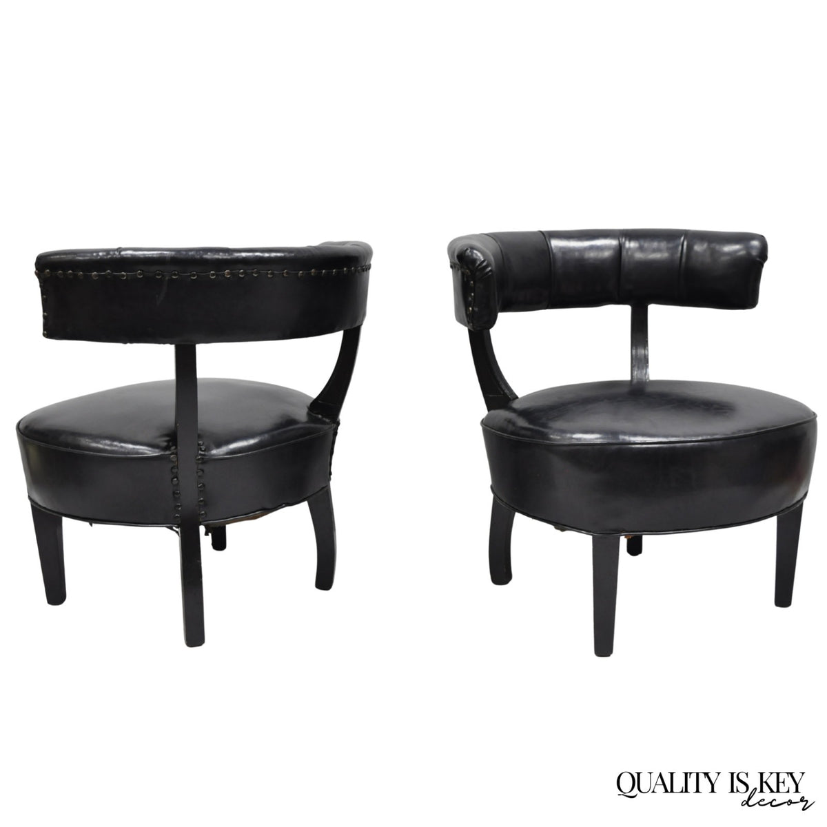 Vintage Mid Century Modern Low Black Barrel Back Lounge Club Chairs - a Pair