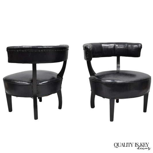 Vintage Mid Century Modern Low Black Barrel Back Lounge Club Chairs - a Pair