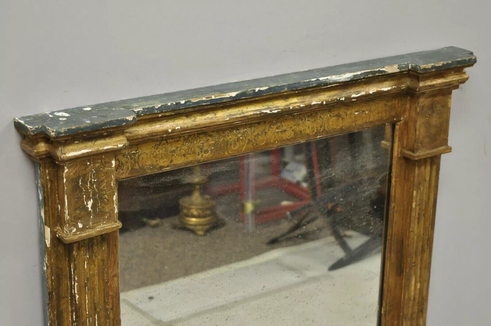 Antique Italian Florentine Giltwood Distressed Gold Looking Glass Wall Mirror