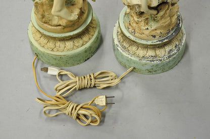 Vintage French Renaissance Moreau Metal Boy and Girl Figural Table Lamp - a Pair
