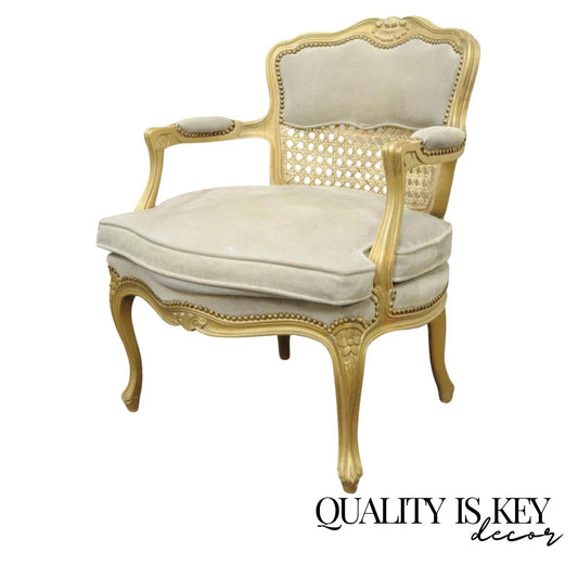 Fratelli Boffi French Louis XV Style Gold Gray Suede Cane Bergere Arm Chair