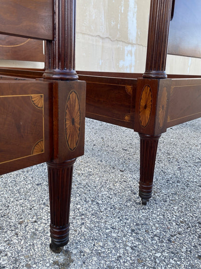 Antique Sheraton Federal Pinwheel Inlay Mahogany 4 Poster Twin Bed Frame - Pair