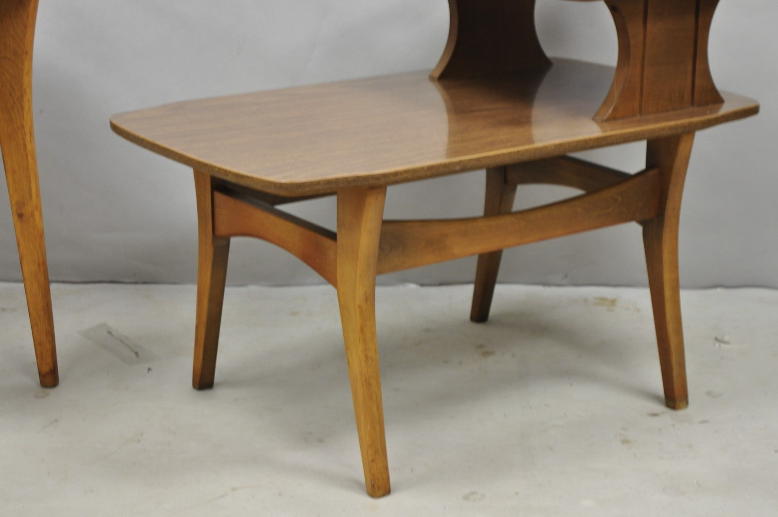 Vintage Mid Century Modern Walnut & Formica Round & Step Side Table Set - 2 pcs
