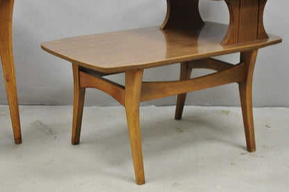 Vintage Mid Century Modern Walnut & Formica Round & Step Side Table Set - 2 pcs