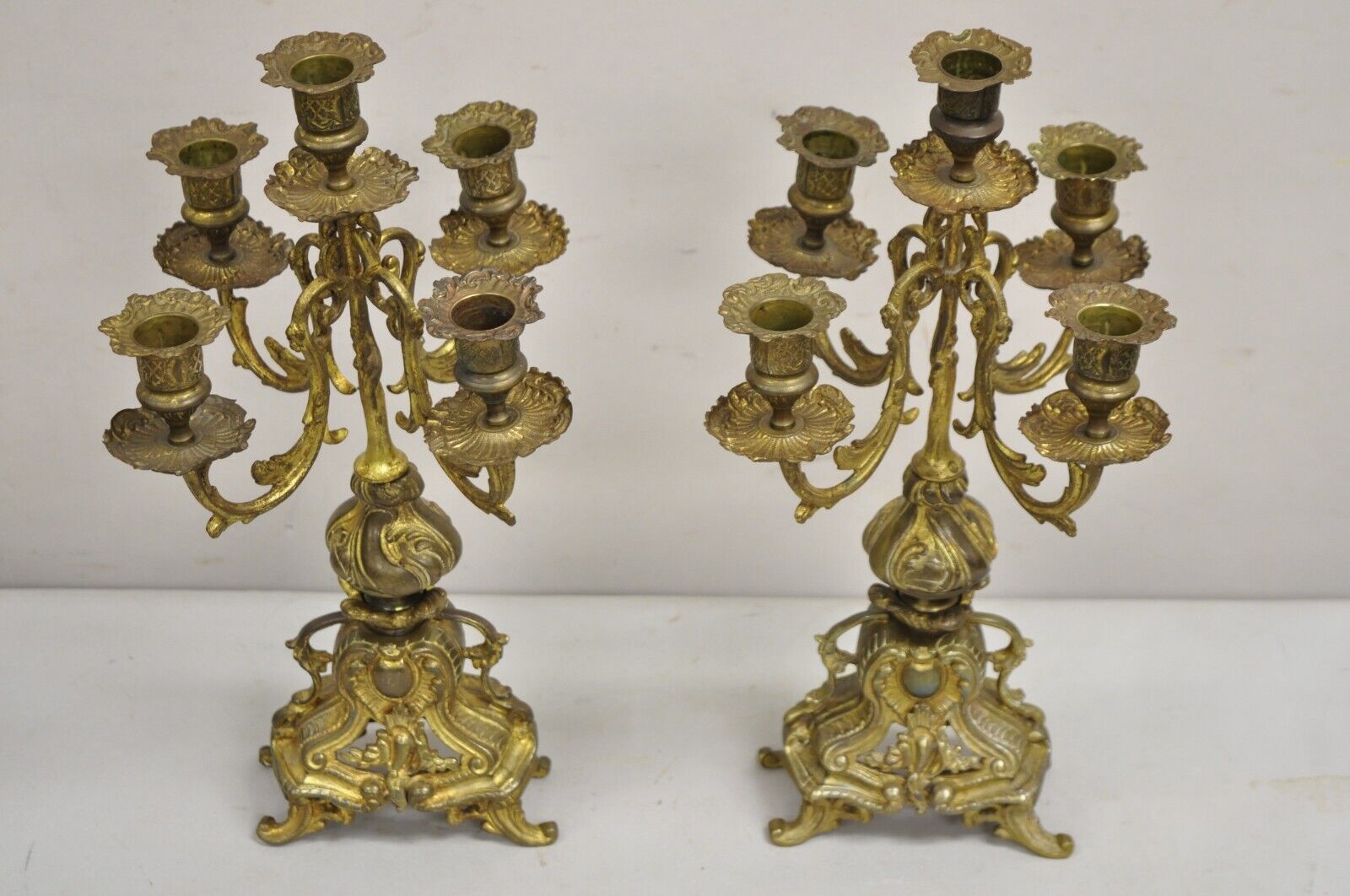 Vintage French Rococo Louis XV Style Small Ornate Brass Candelabra - a Pair