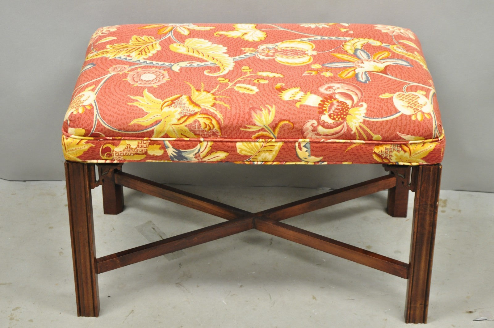 Vintage Chinese Chippendale Style Carved Mahogany Fretwork Bench Stool - Pair