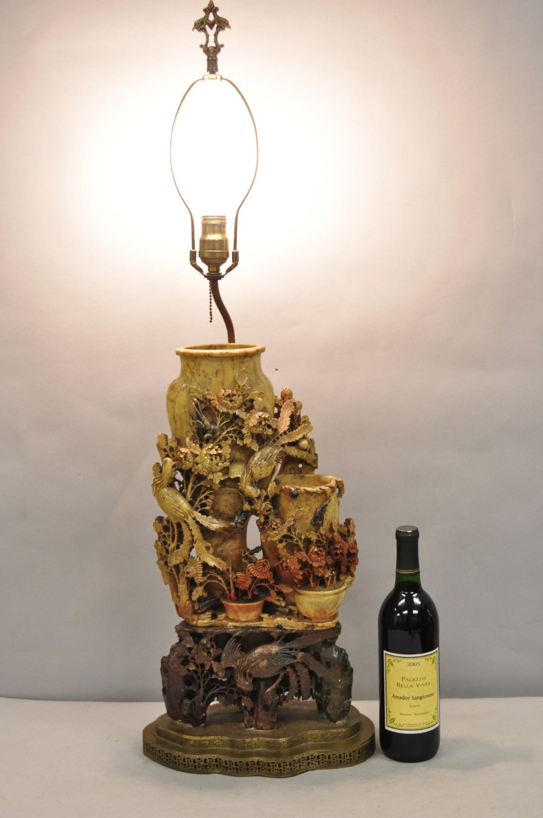 Antique Chinese Figural Carved Soapstone Large Table Lamp w/ Birds & Flowers