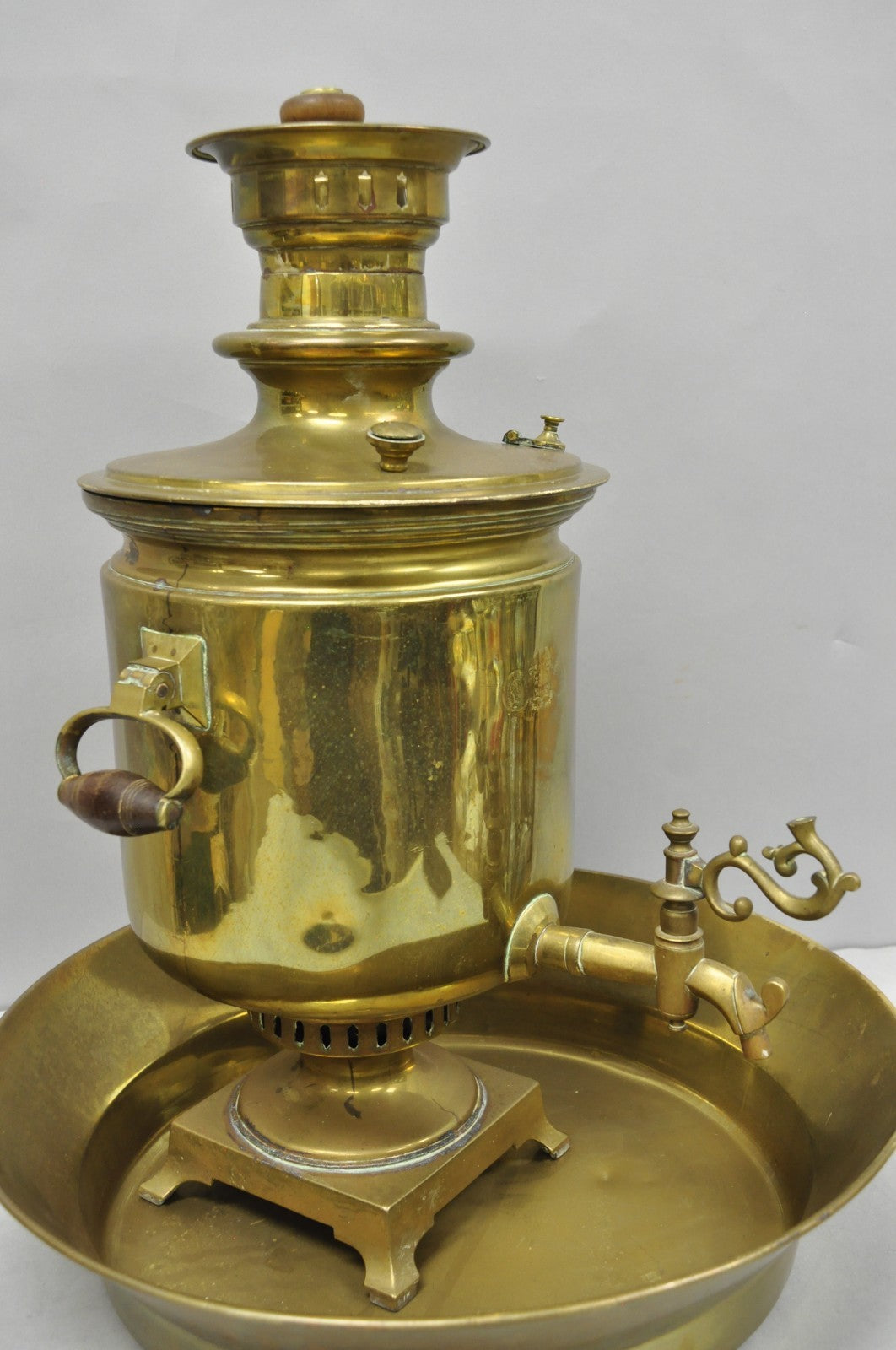 Antique Tula Russian Victorian Brass Samovar Set with Large Basin - 2 Pc Set