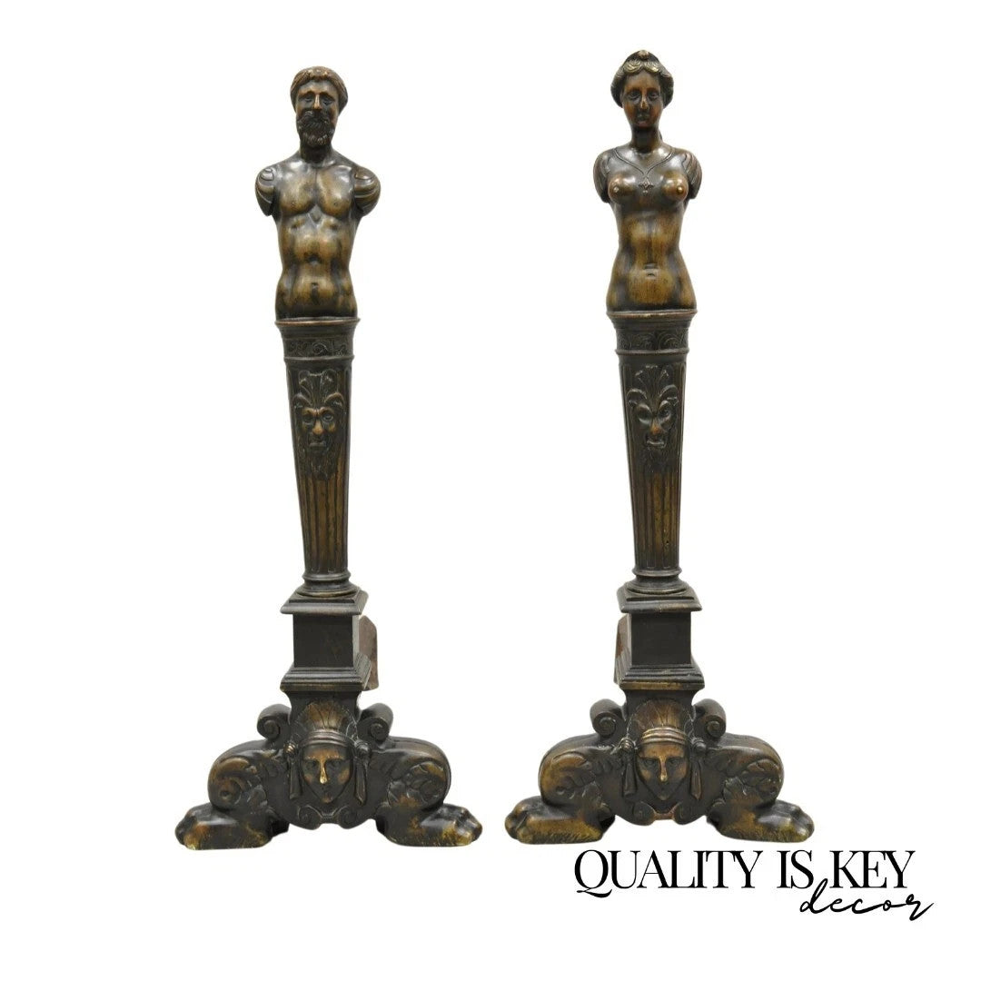 Antique French Renaissance Large Figural Bronze Man & Woman Bust Andirons - Pair