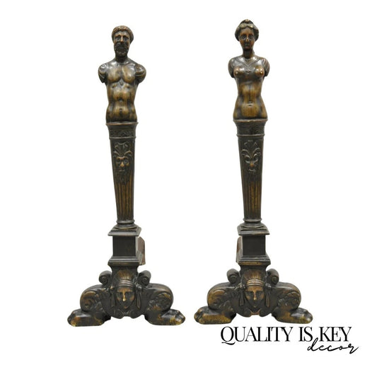 Antique French Renaissance Large Figural Bronze Man & Woman Bust Andirons - Pair