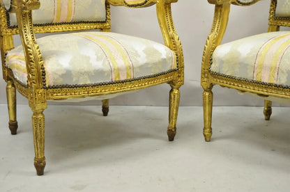 Vintage French Louis XVI Gold Giltwood Upholstered Lounge Chairs (B) - a Pair