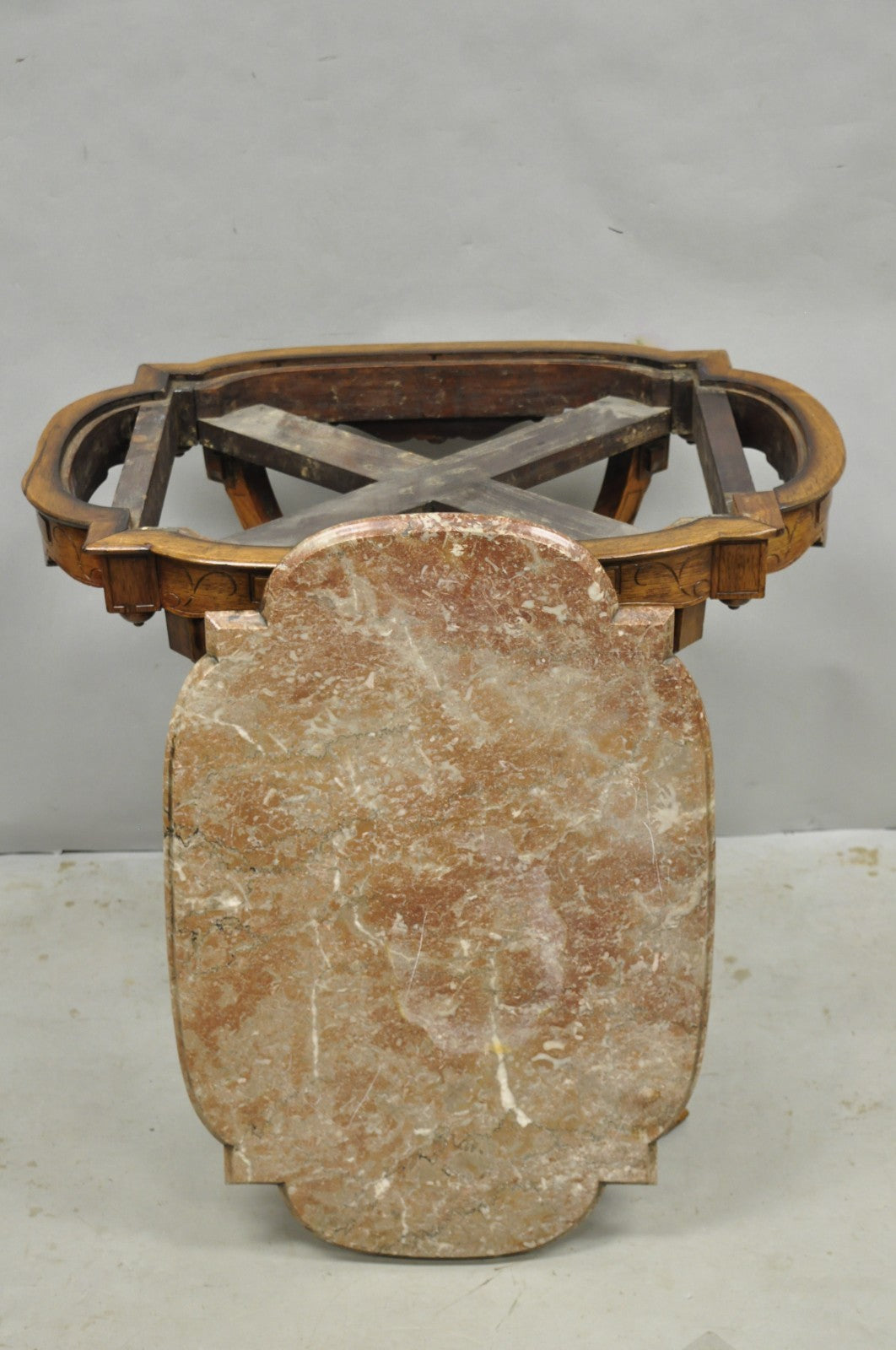 Antique Eastlake Victorian Carved Walnut Marble Top Parlor Lamp Side Table