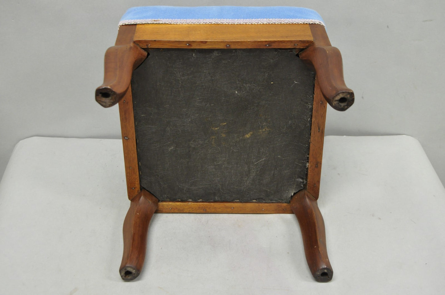 Antique Victorian Walnut Cabriole Leg Blue Tufted Footstool Ottoman Stool