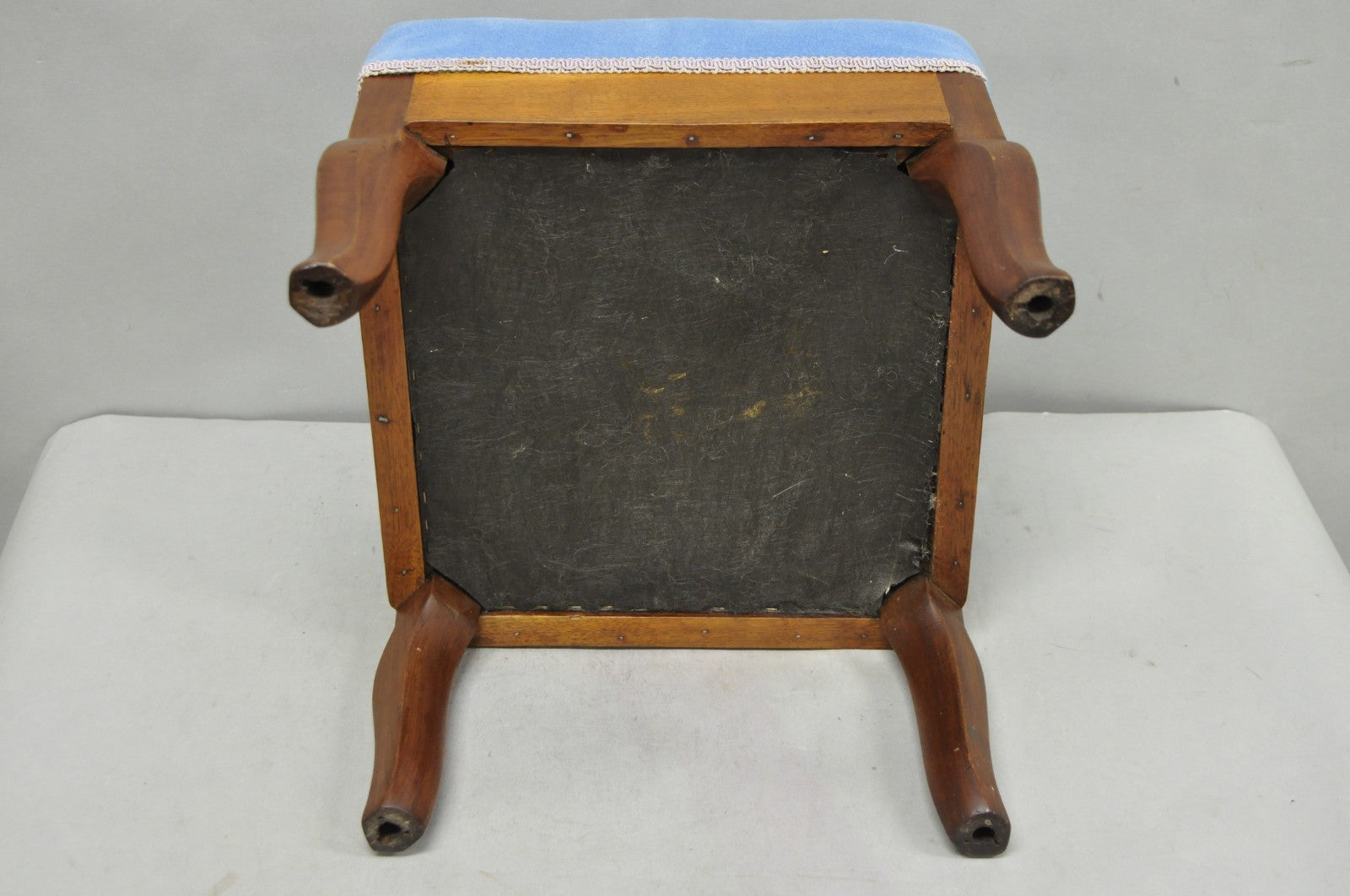 Antique Victorian Walnut Cabriole Leg Blue Tufted Footstool Ottoman Stool