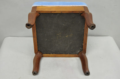 Antique Victorian Walnut Cabriole Leg Blue Tufted Footstool Ottoman Stool