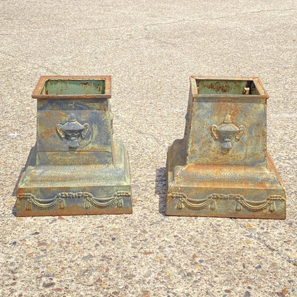 Vintage Neoclassical Style Green Cast Iron Garden Planter Urn Pedestal Base Pair