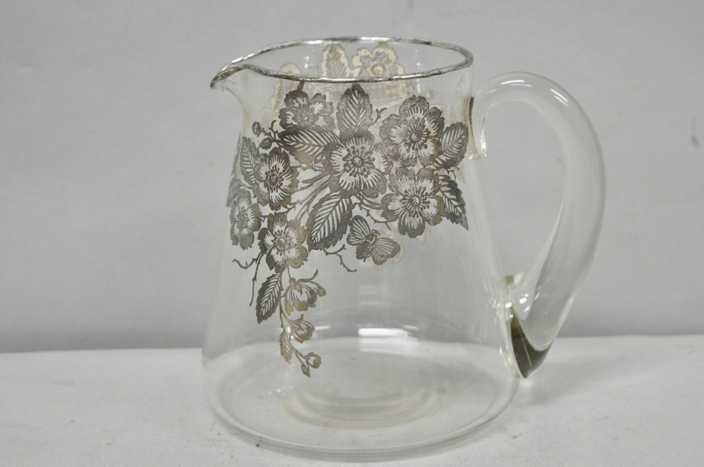 Vintage Art Nouveau Floral Sterling Silver Overlay Crystal Glass Water Pitcher