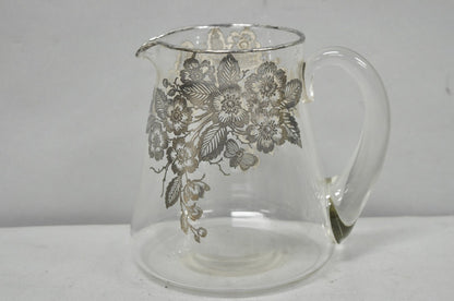Vintage Art Nouveau Floral Sterling Silver Overlay Crystal Glass Water Pitcher